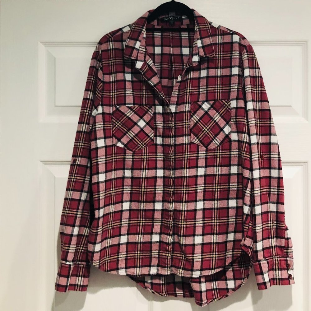 Velvet Heart pink/black/white plaid flannel button down shirt